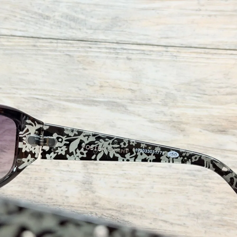 Y2K Foster Grant Black Floral Rhinestone Sunglasses Gray Rectangle Wrap Frame